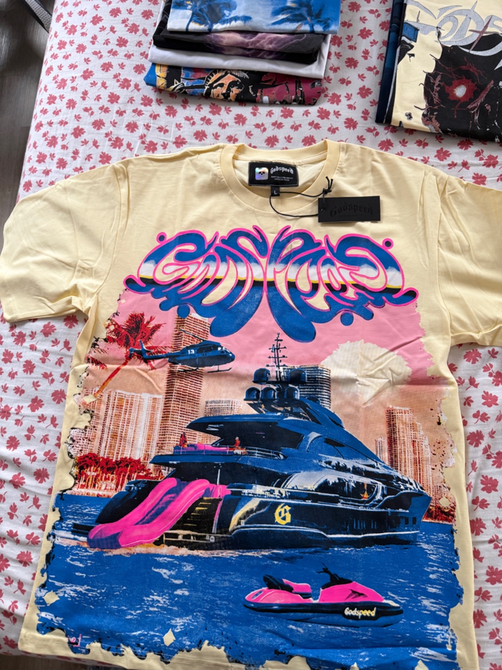 Godspeed [Large] Men’s Short Sleeve Graphic Tee - Cream Pink Blue